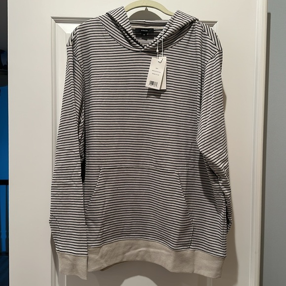 NWT Vince Striped Sueded Jersey Pullover Hoodie, Stone Beach/coastal Blue, L - Picture 3 of 5
